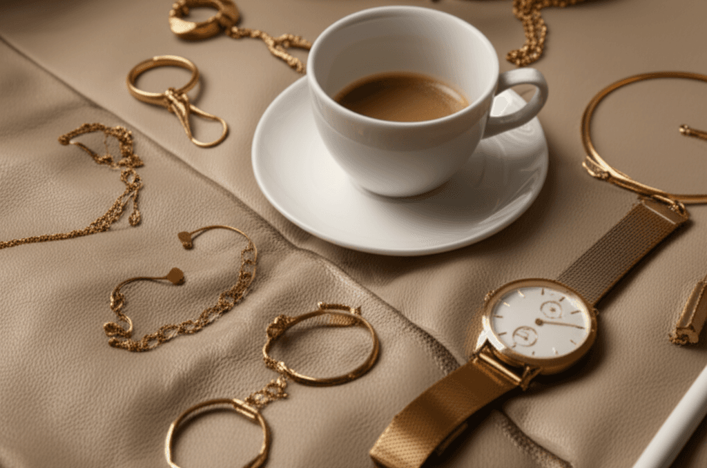 Coffee and gold accessories